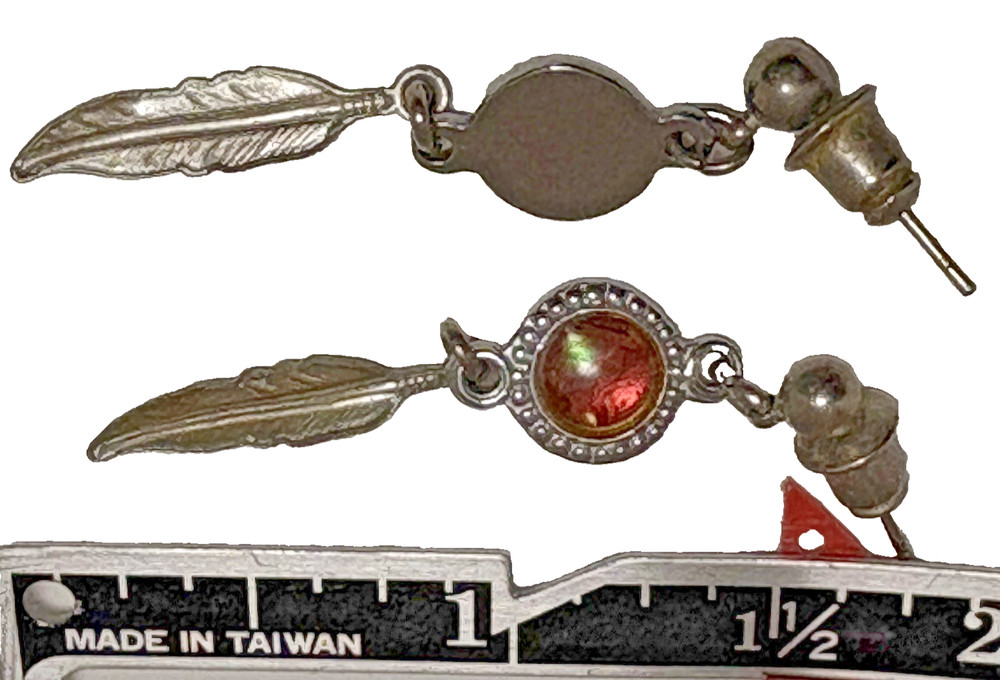 Silver Feather Dangle Earrings with Brown Cabochon Stone Accent