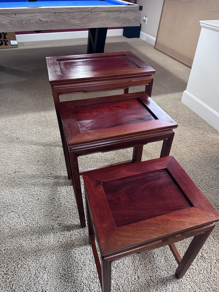 Vtg Asian Chinese Set of 3 Nesting Nested Side Tables Solid Rosewood EUC