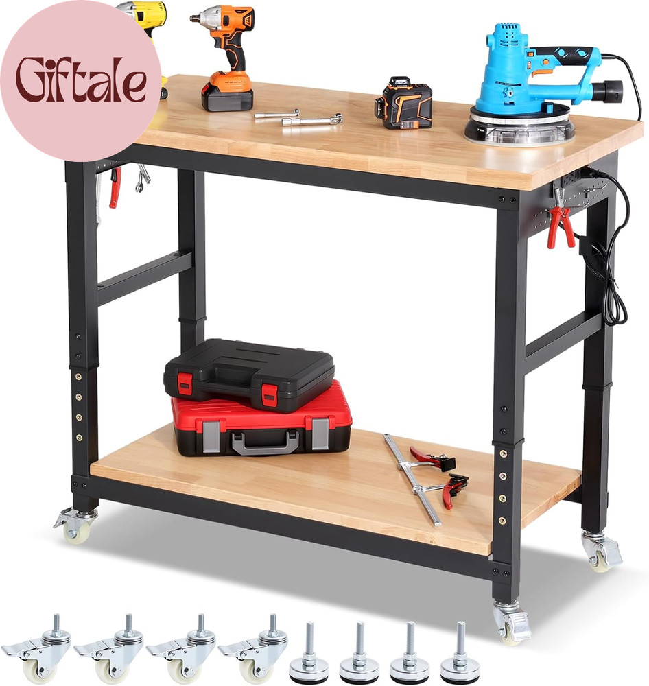 Workbench with Wheels 48 Inch Adjustable Height Work Table with under Table Shel