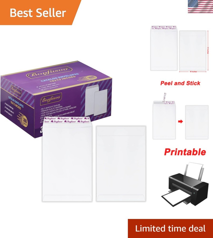 300 Pack White Catalog Envelopes 10x13 - Printable Self-Seal for Invites & Docs