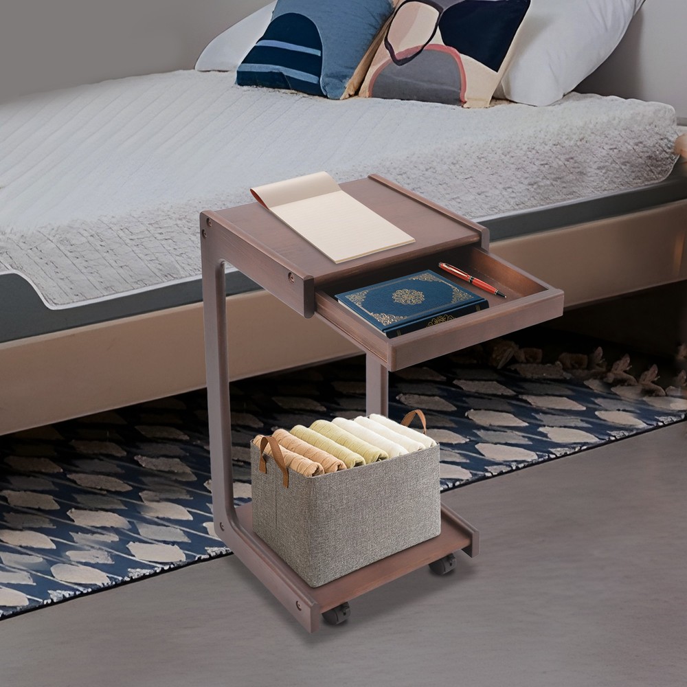 2-Tierd Solid Wood Bedside C-Shaped Side Table w/ Drawer & Lockable Wheels