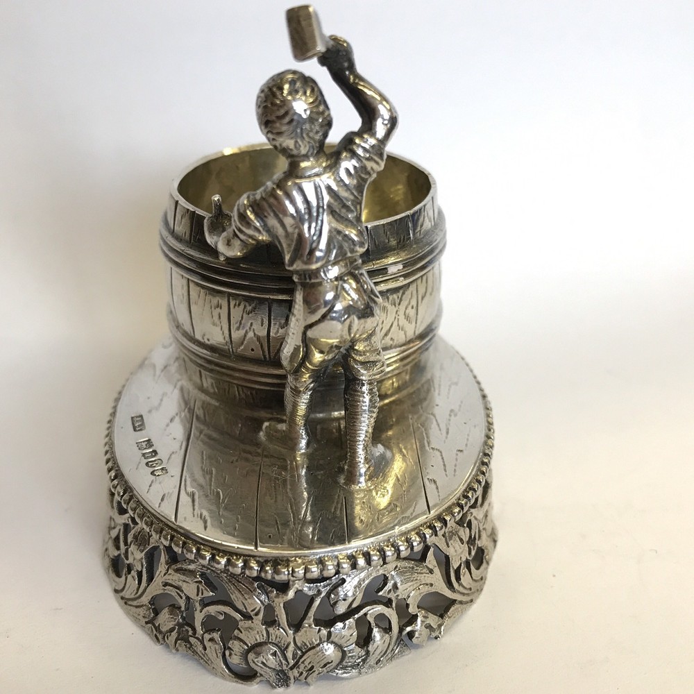 Fine Antique Solid Silver Salt Novelty Blacksmith Barrel Wolf & Knoll 1904 Hanau