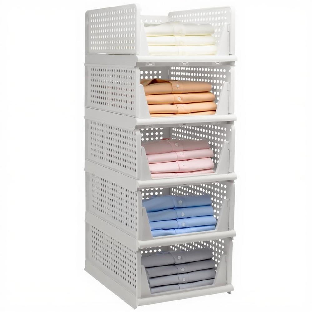 5 Pack Stackable Foldable Storage Baskets - Folding Storage Bins, Multifuncti...