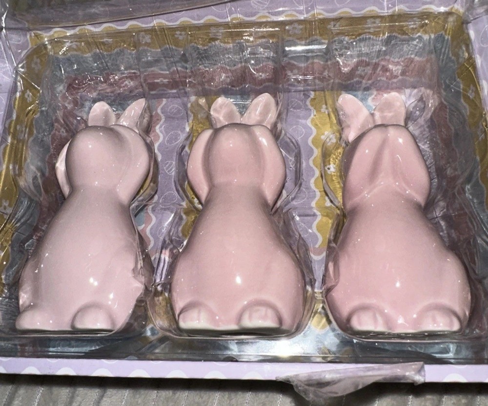 3 Pink Ceramic Easter Hear Speak See No Evil Trio Bunnies