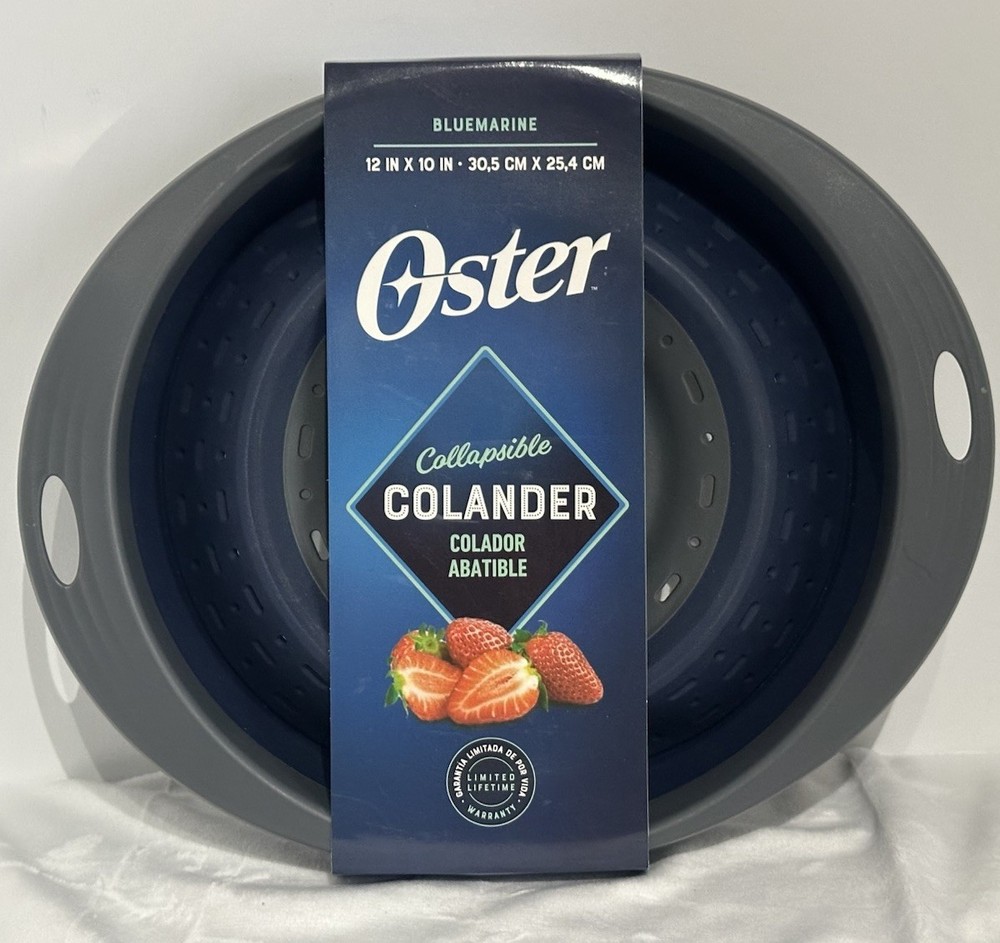 Oster Bluemarine Collapsible Foldable Strainer, Blue/Grey (12”x10”Strainer)