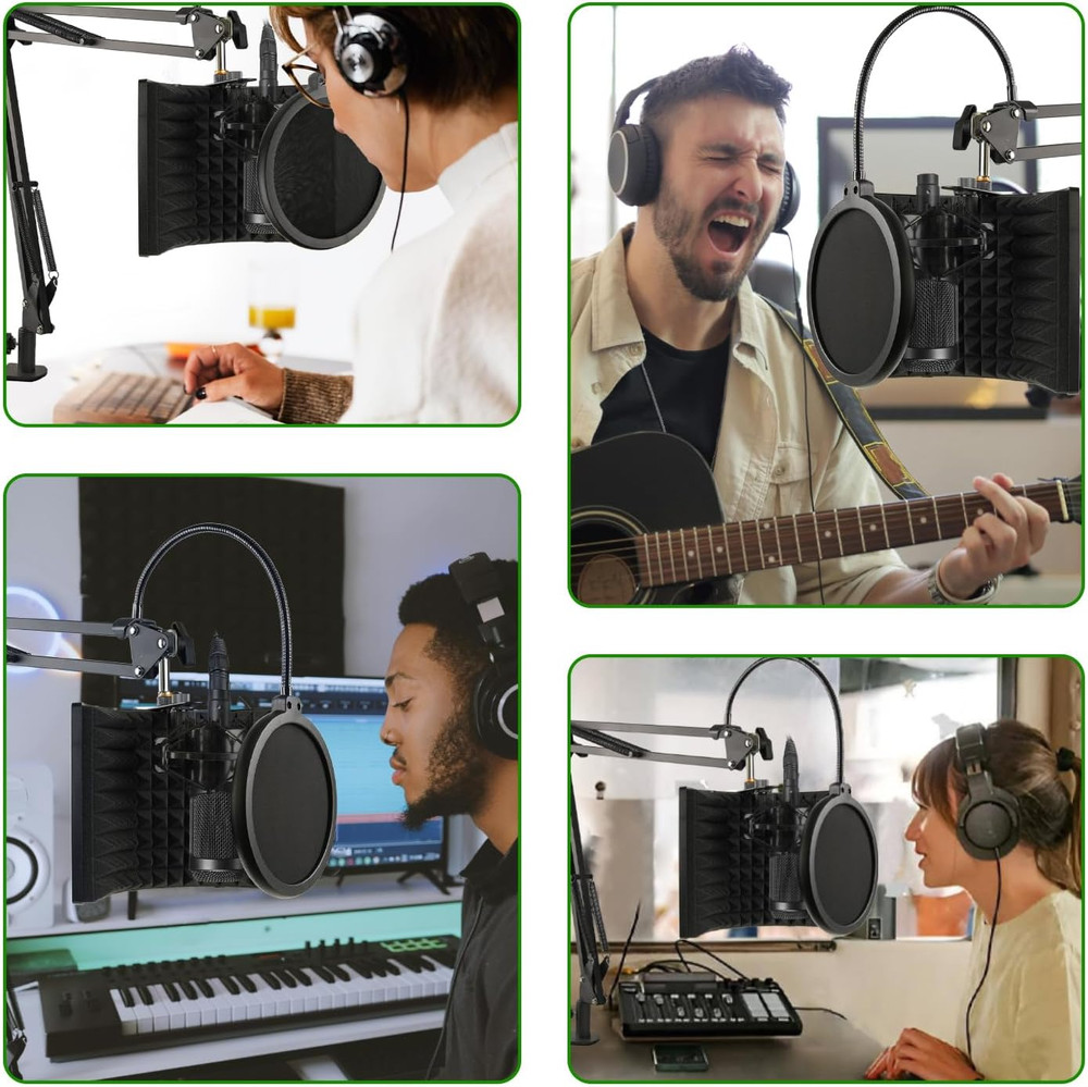 Microphone Isolation Shield with Mic Stand and Pop Filter, Foldable Sound Shield