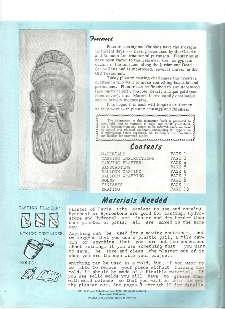 Plaster Casting & Finishes Craft Patterns Instructions Carving Sand Casting H09