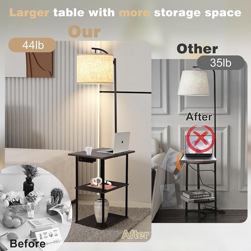 Sturdy Floor Lamp W/ Side Table USB Charging Station Adjustable Warm Light