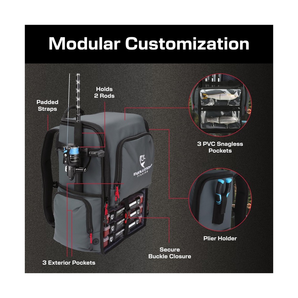 Evolution Fishing Largemouth 3.0 Tackle Backpack - Patent Pending Modular Div...