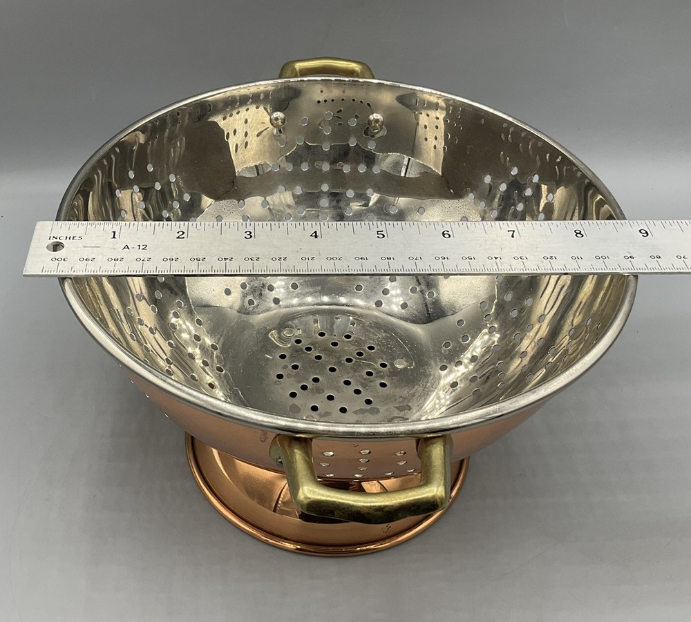 Vintage Solid Copper Colander Tin? Lined Strainer w/Brass Handles Korea