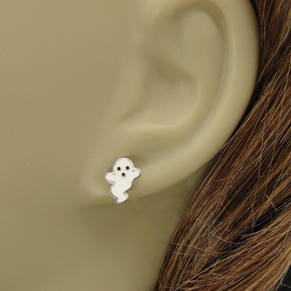 Ghost Post Earrings - 925 Sterling Silver - Spooky White Ghost Studs NEW