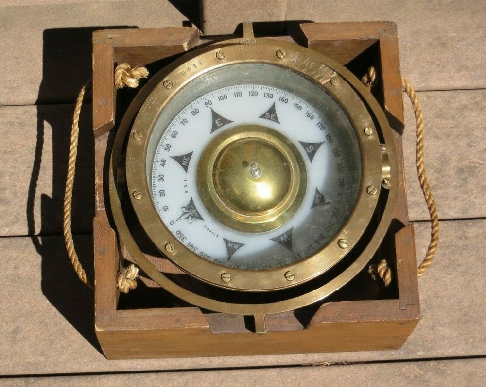Early Vintage E.S. Ritchie Nautical Gimbal Directional Compass Solid Brass BOX