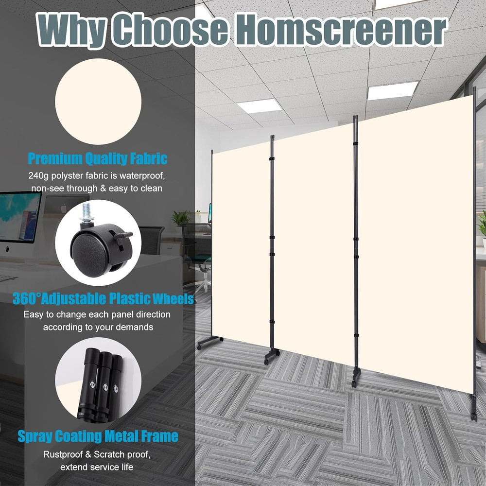 Folding Room Divider with Wheels - 6FT Tall 3-Panel Privacy Screen for Offices