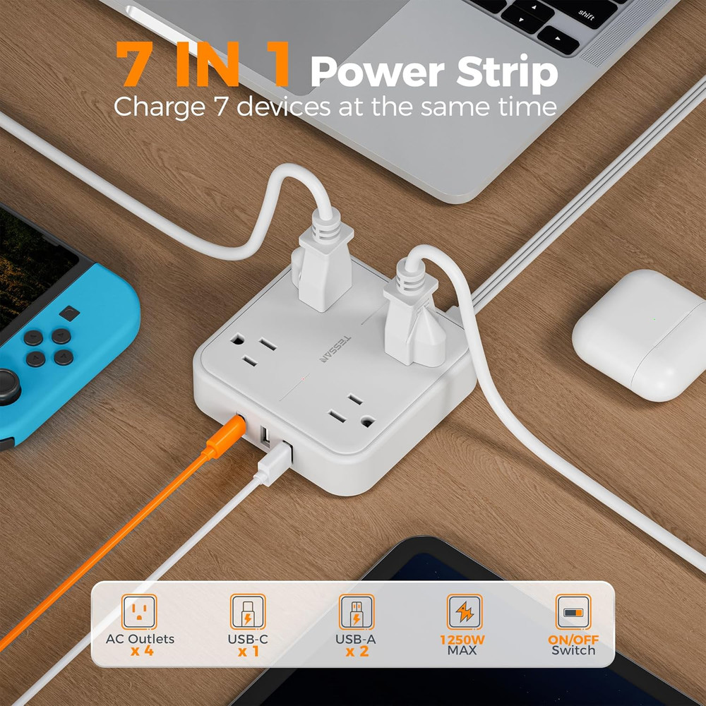 Surge Protector Flat Extension Cord 5Ft, Flat Plug Power Strip with Outlets US