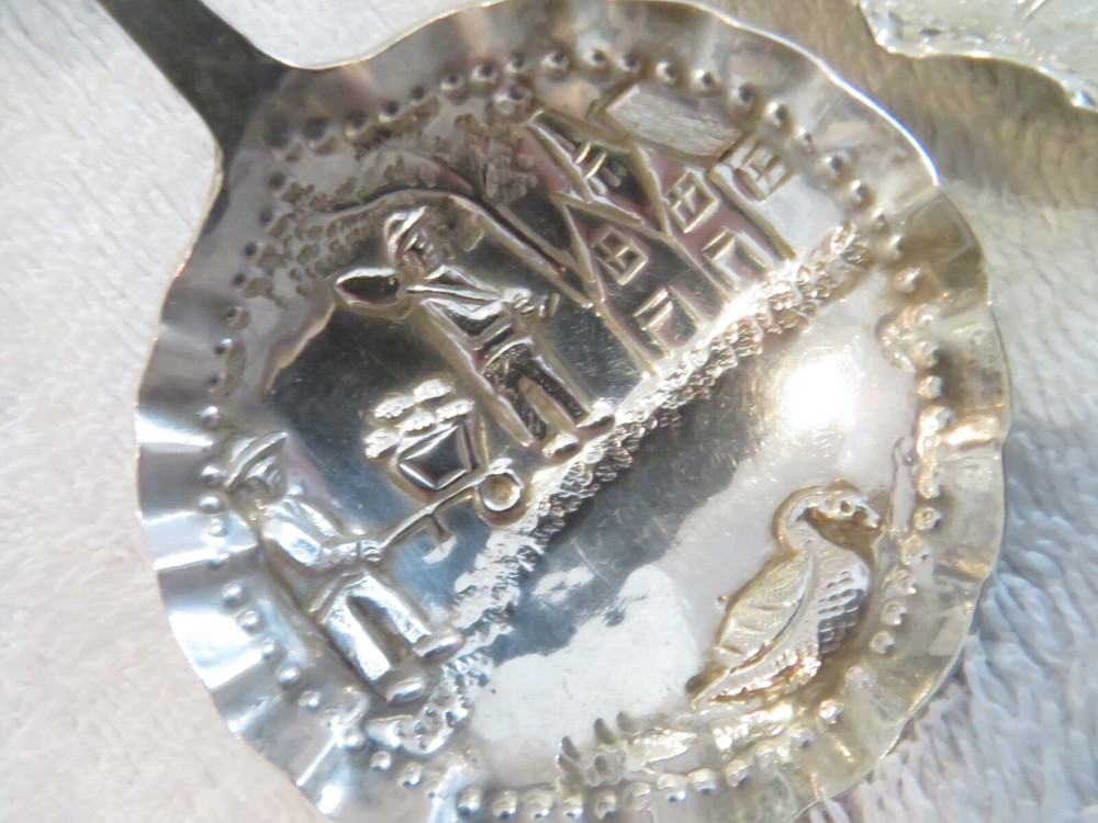 1900 german & dutch silver 2 Tea Caddy Spoons Repousse Scene