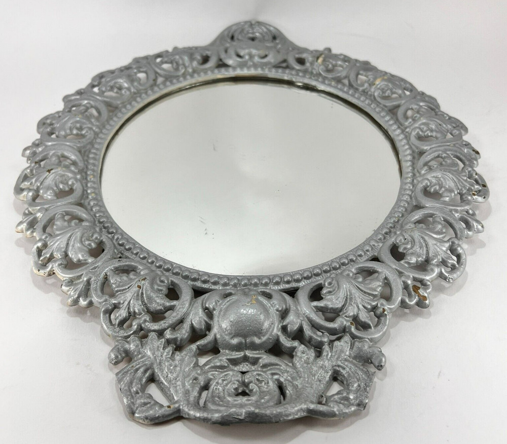Vtg Iron Art Wall Hang Cast Iron Ironware JM29 Silver Gray Ornate Scrollwork 50s