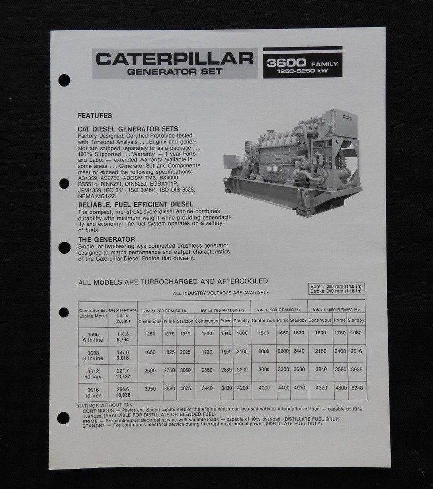 1989 CATERPILLAR 3606 3608 3612 3616 GENERATOR SET ENGINE SPECIFICATION BROCHURE