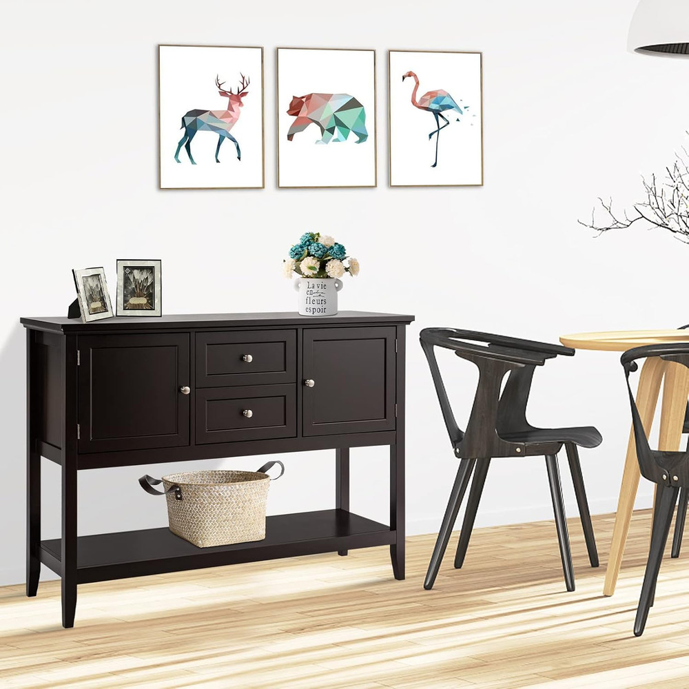 Buffet Sideboard, with 2 Wood Storage Drawers & Open Shelf, Console Table for Li