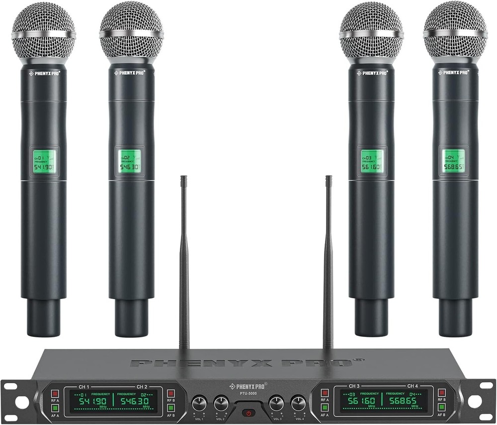 Phenyx Pro Wireless Microphone System, 4-Channel UHF Wireless Mic, Fixed Frequen