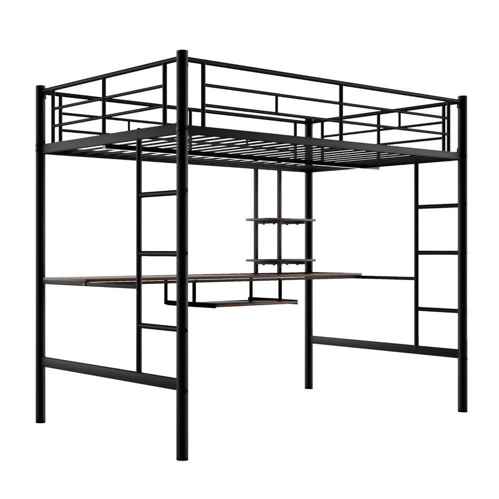 Full Size Bed Frame Loft Bed with Desk and Shelf , Space Saving Design Black