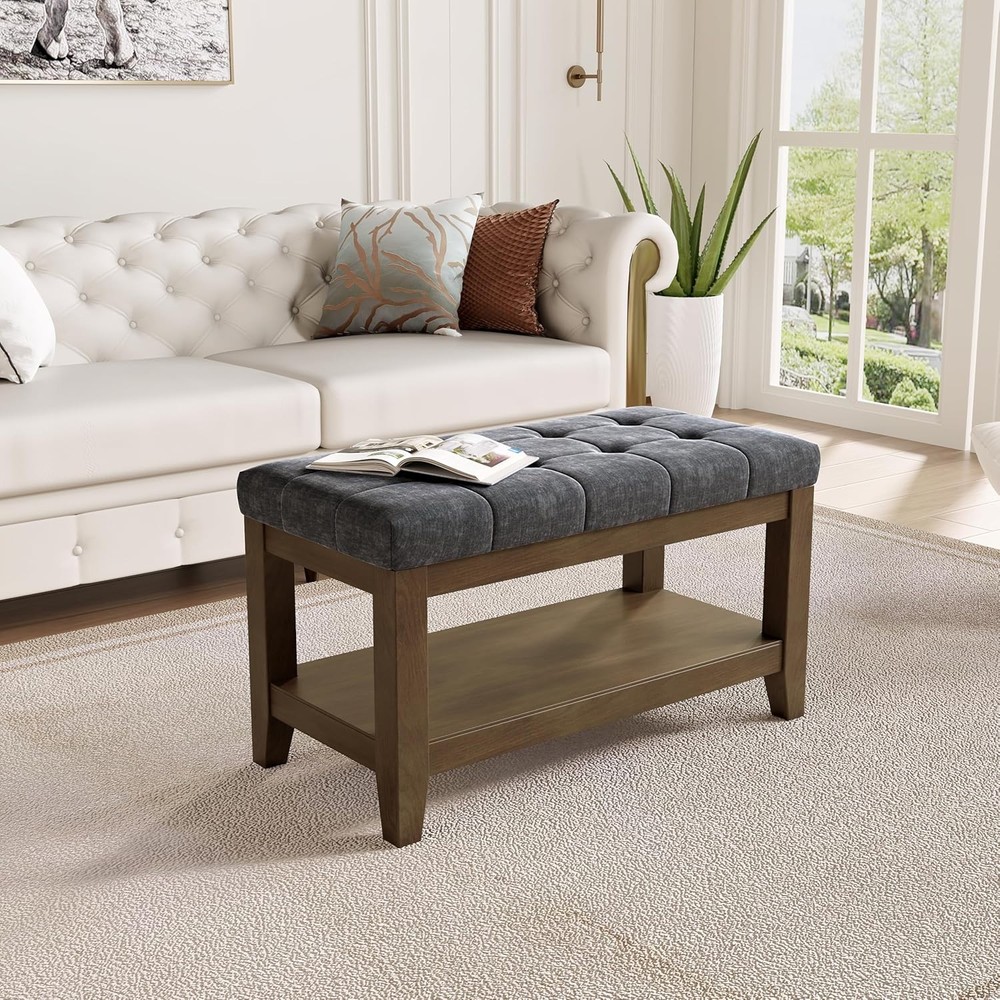 Solid Rubber Wood Shoe Bench Soft Chenille Material Upholstered Seat 770LB