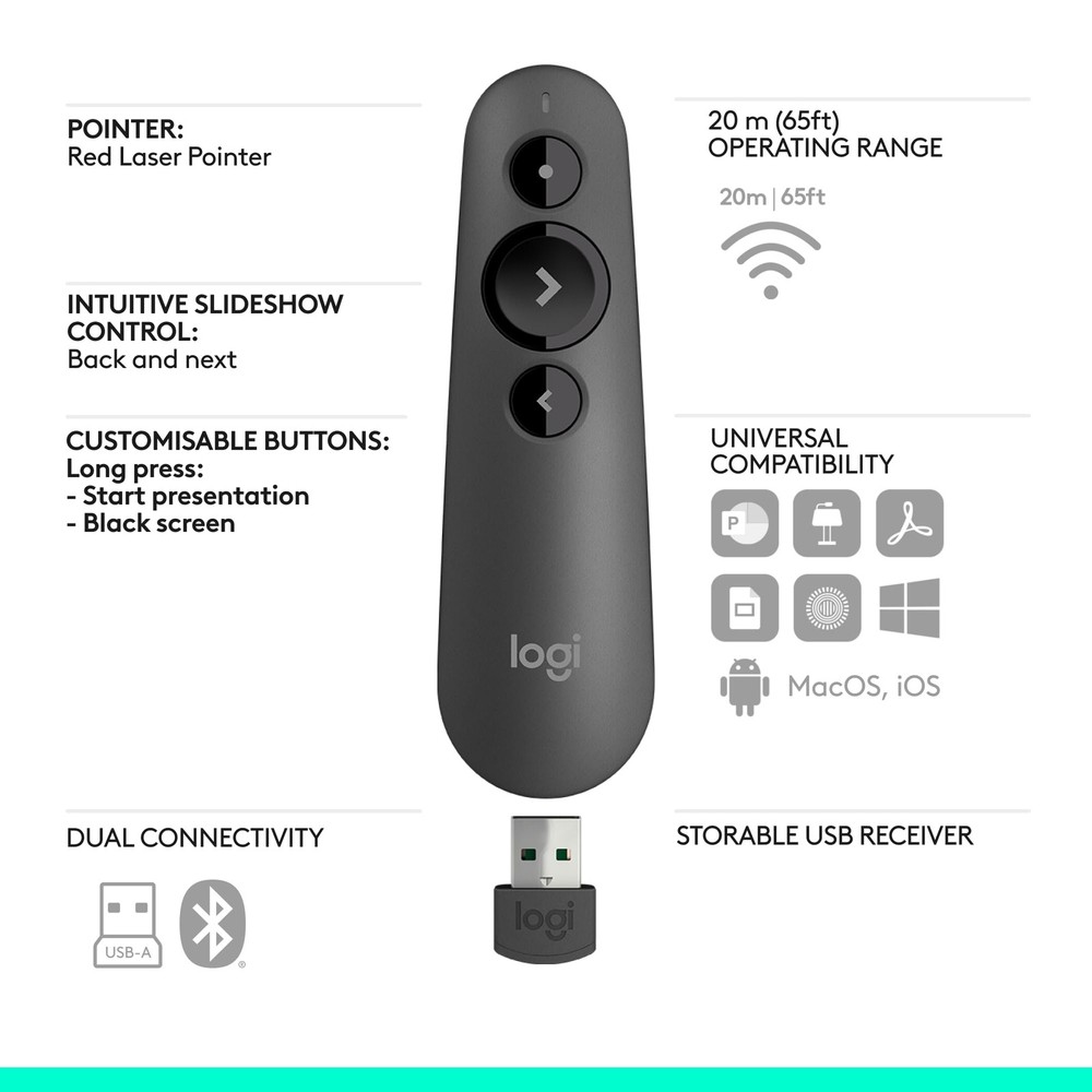 Wireless Presentation Remote with Red Laser Pointer 20m Range Plug and Play