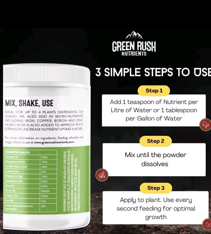 GREEN RUSH NUTRIENTS Leafy Green Grow 9-1.5-7- 2oz Sample