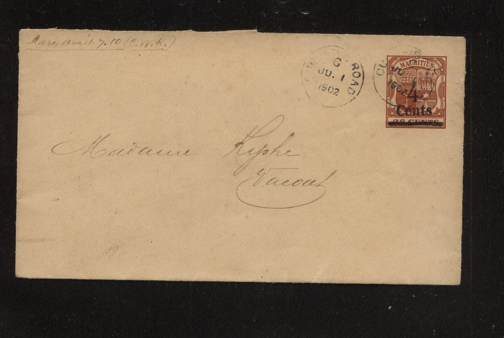Mauritius  revalued  postal  envelope  , local use   1902      MS1103