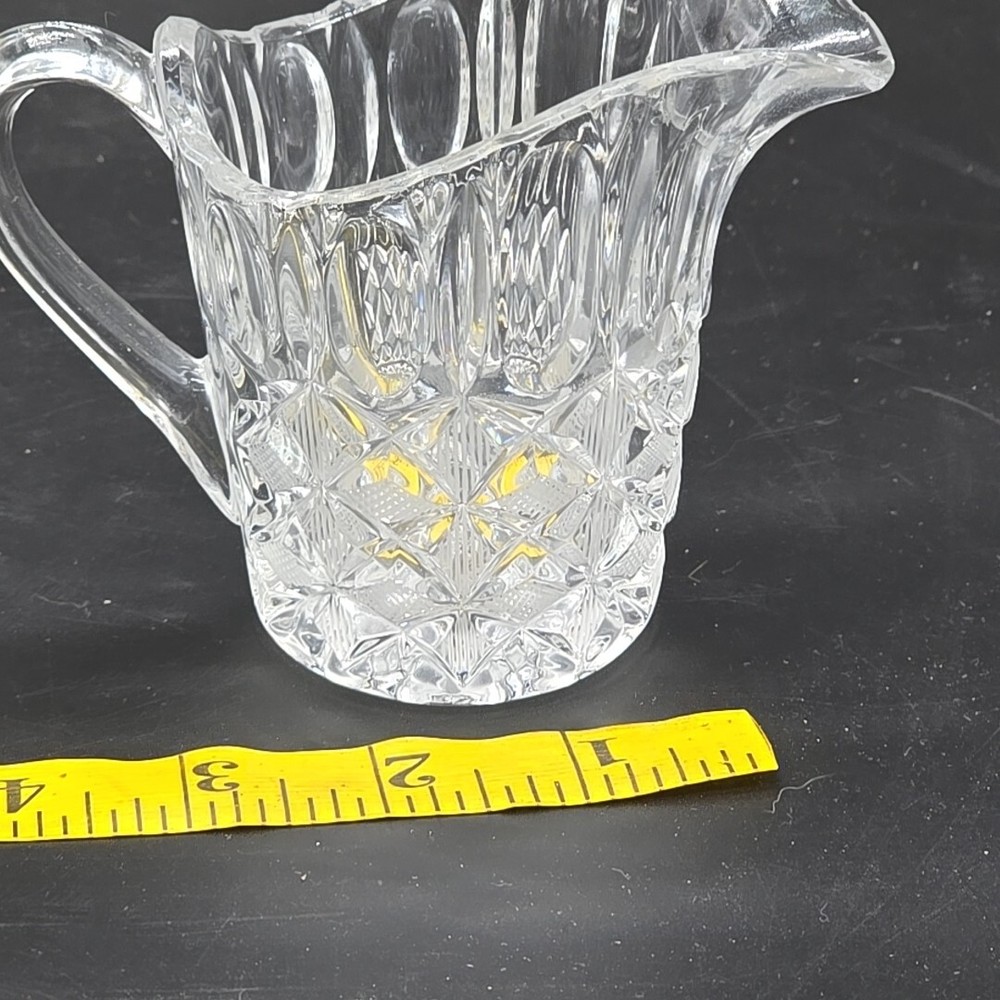 Vintage Creamer Pitcher Pressed Glass Crystal Diamond Pattern Handle 3.75" Tall