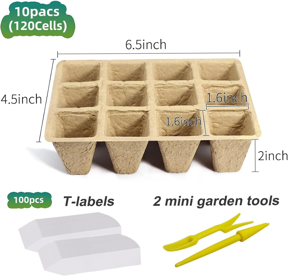 120 Cells Seed Starter Tray, 10 Pack Biodegradable Peat Pots with 100 Labels, Pl