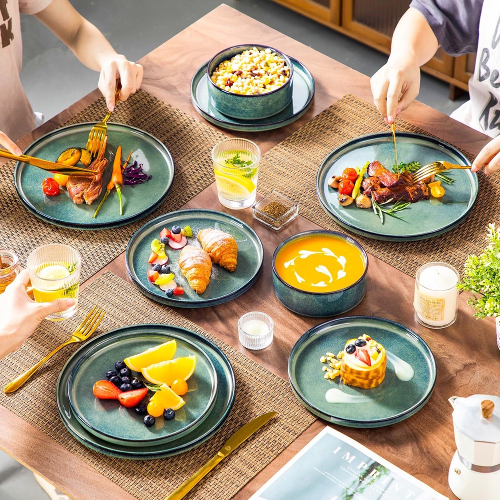 Starry Plates and Bowls Sets,12 Pieces Green Dinnerware Sets for Kitchen,Modern