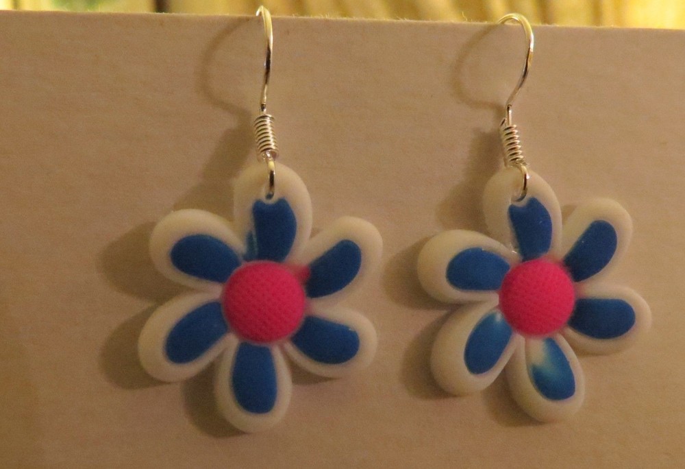 Blue/White Flowers Rubber/Silicone Dangling Earrings