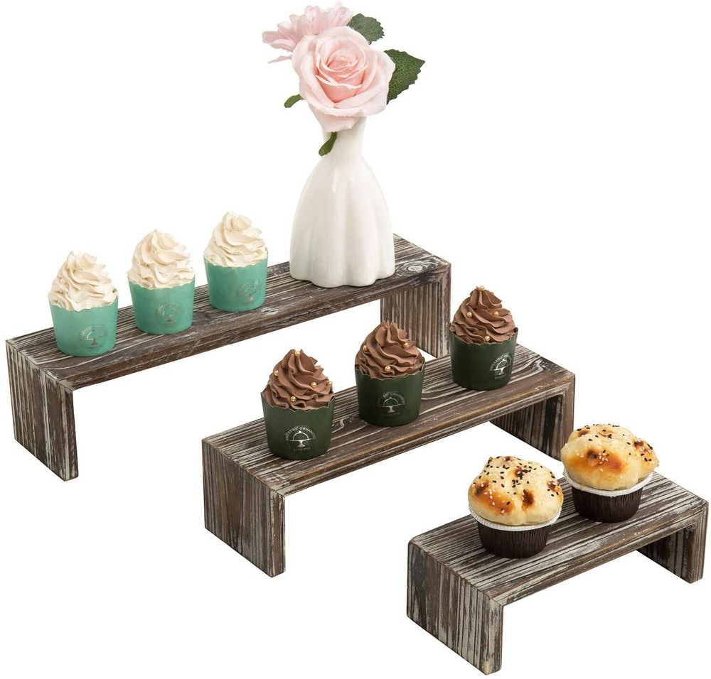 Tabletop Torched Finish Wood Nesting Decorative Display Riser Stands, Set of 3