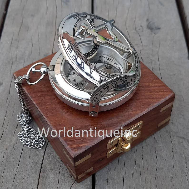 Antique Silver Finished Marine Brass Brunton Working Compass Engraved Designer