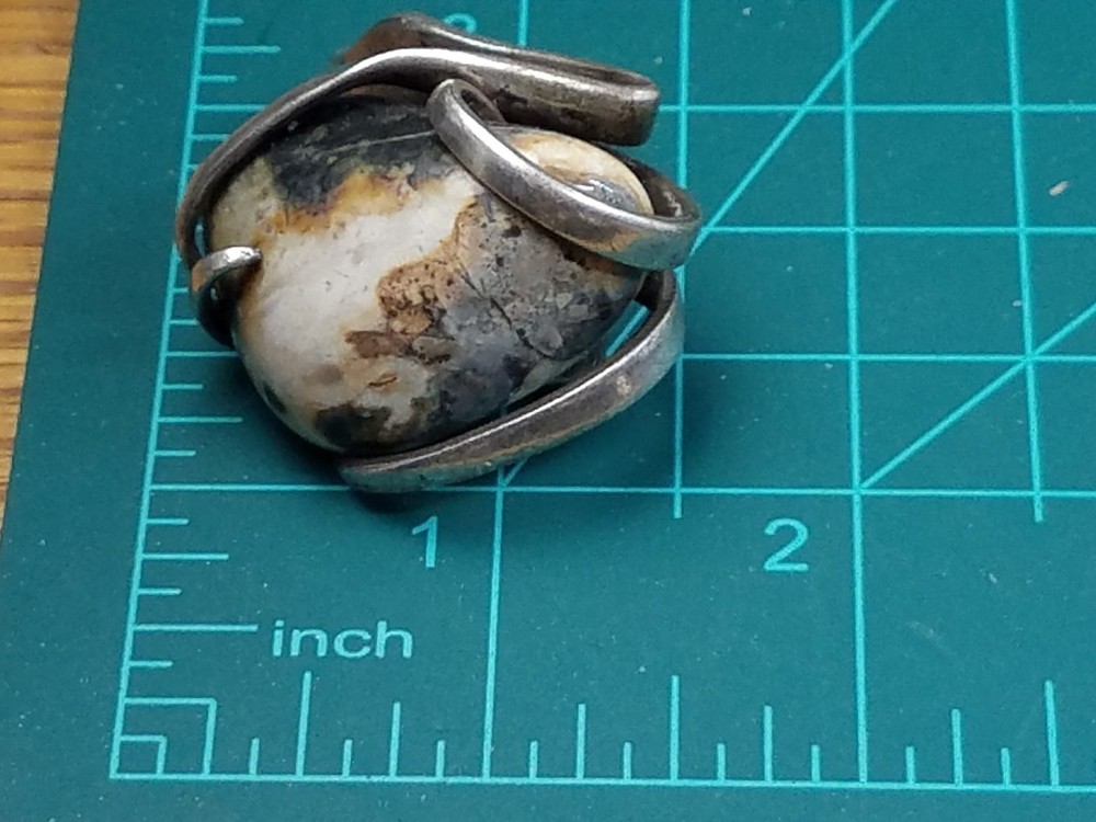 Vintage Fork Ring Large Stone Artisan Silver Tone Size 7