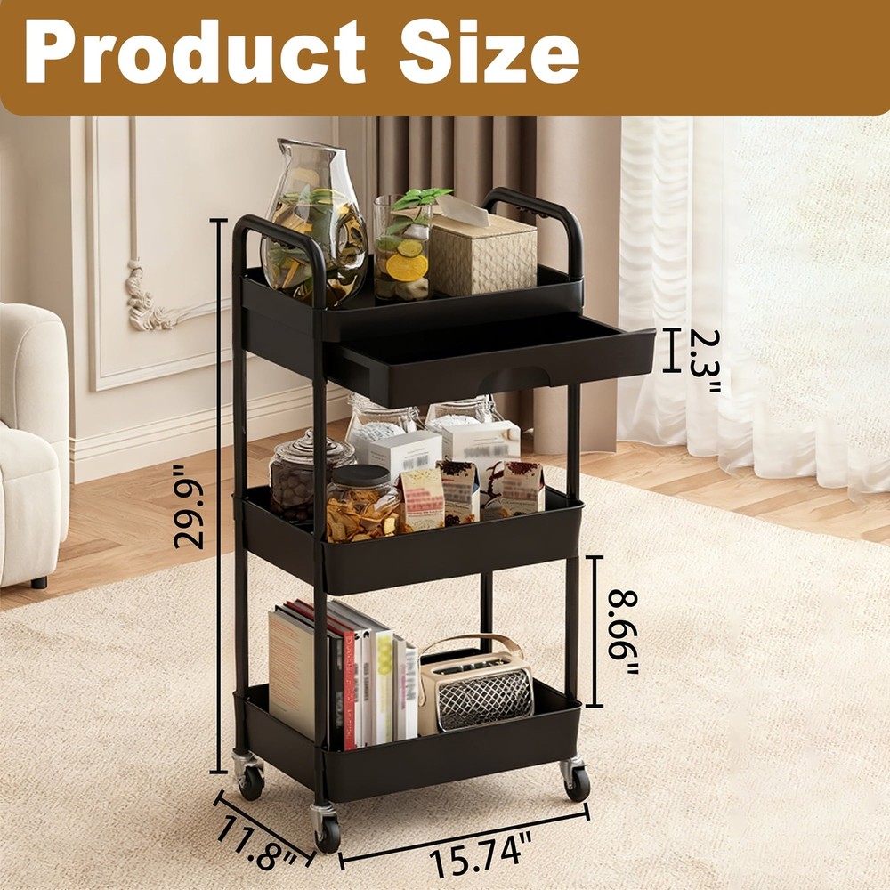 3Tier Storage Cart, Rolling Cart with Drawers Storage Organizer, Rolling Storage
