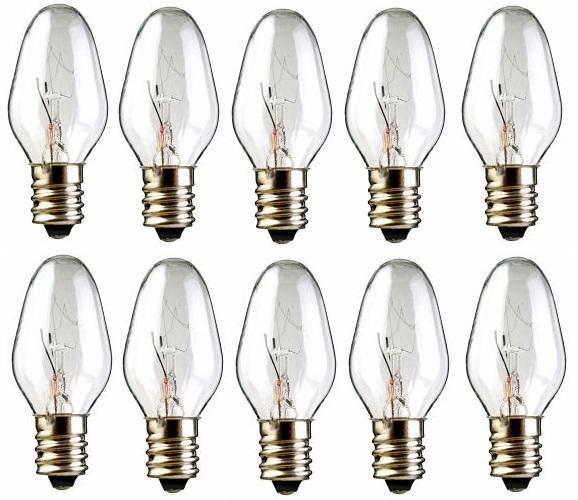 Box of 10 Nightlight Bulbs 15C7 Clear 15W 120V E12 Candelabra Base