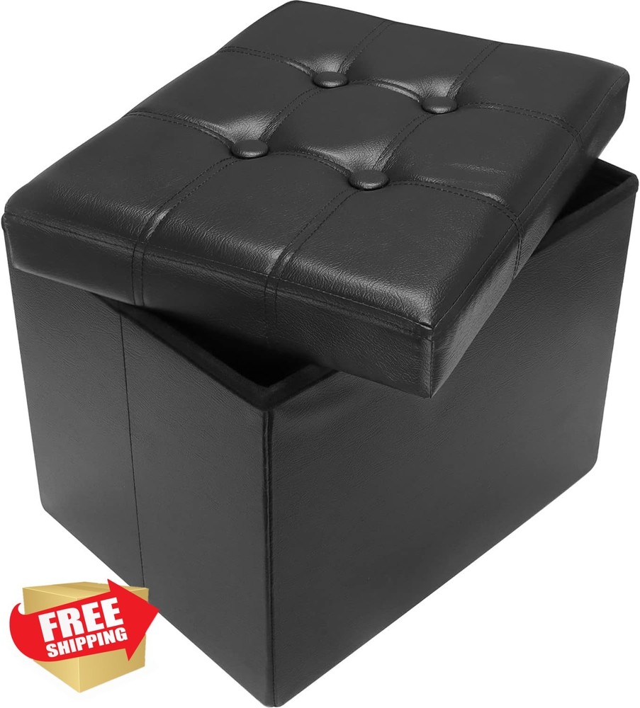 AmasSmile Folding Storage Ottoman Black Foot Rest Stool 17"D