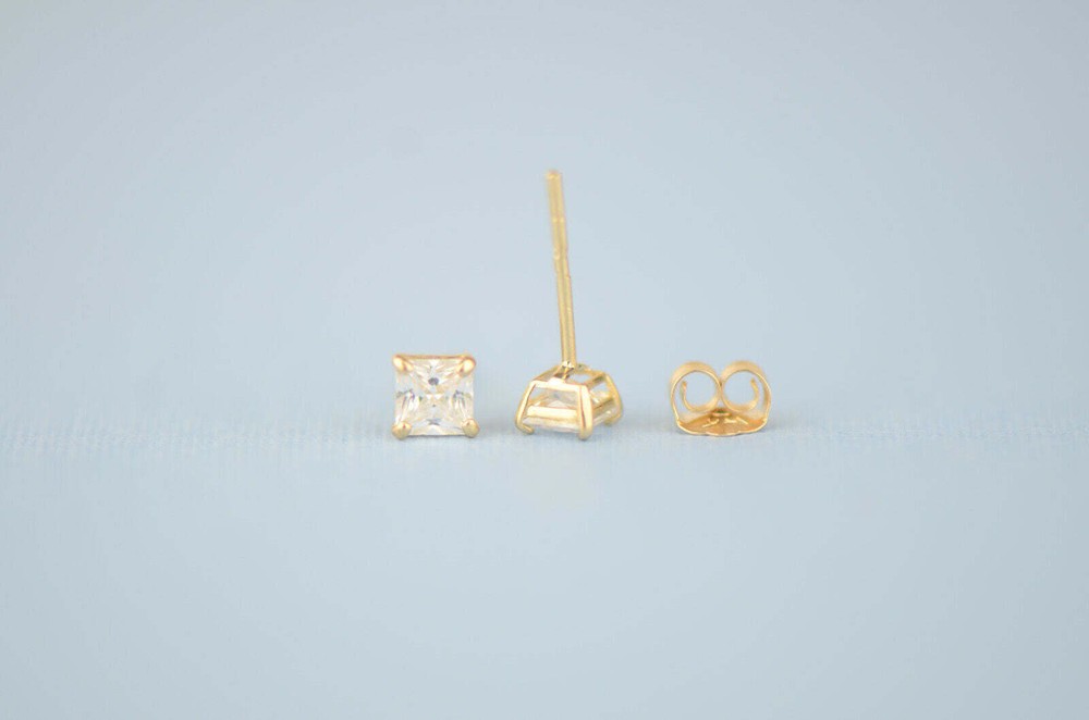 14k solid yellow gold square clear CZ basket set stud earrings 3mm-10mm