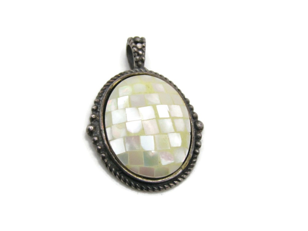 Mother of Pearl Charm Oval Shape Square Patterned Silver Tone