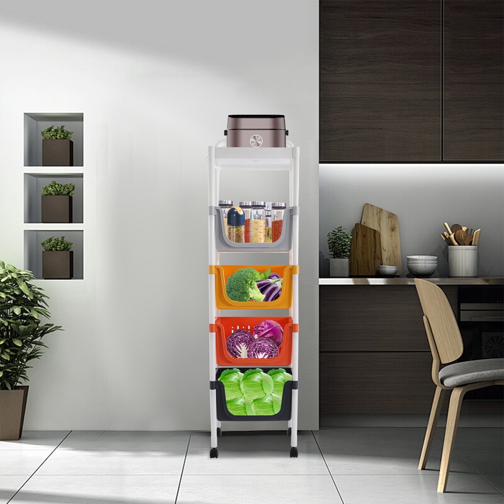 Kitchen Storage Rack 5 Tier Floor-Standing Basket Organizer W/ 2 Practical Hook