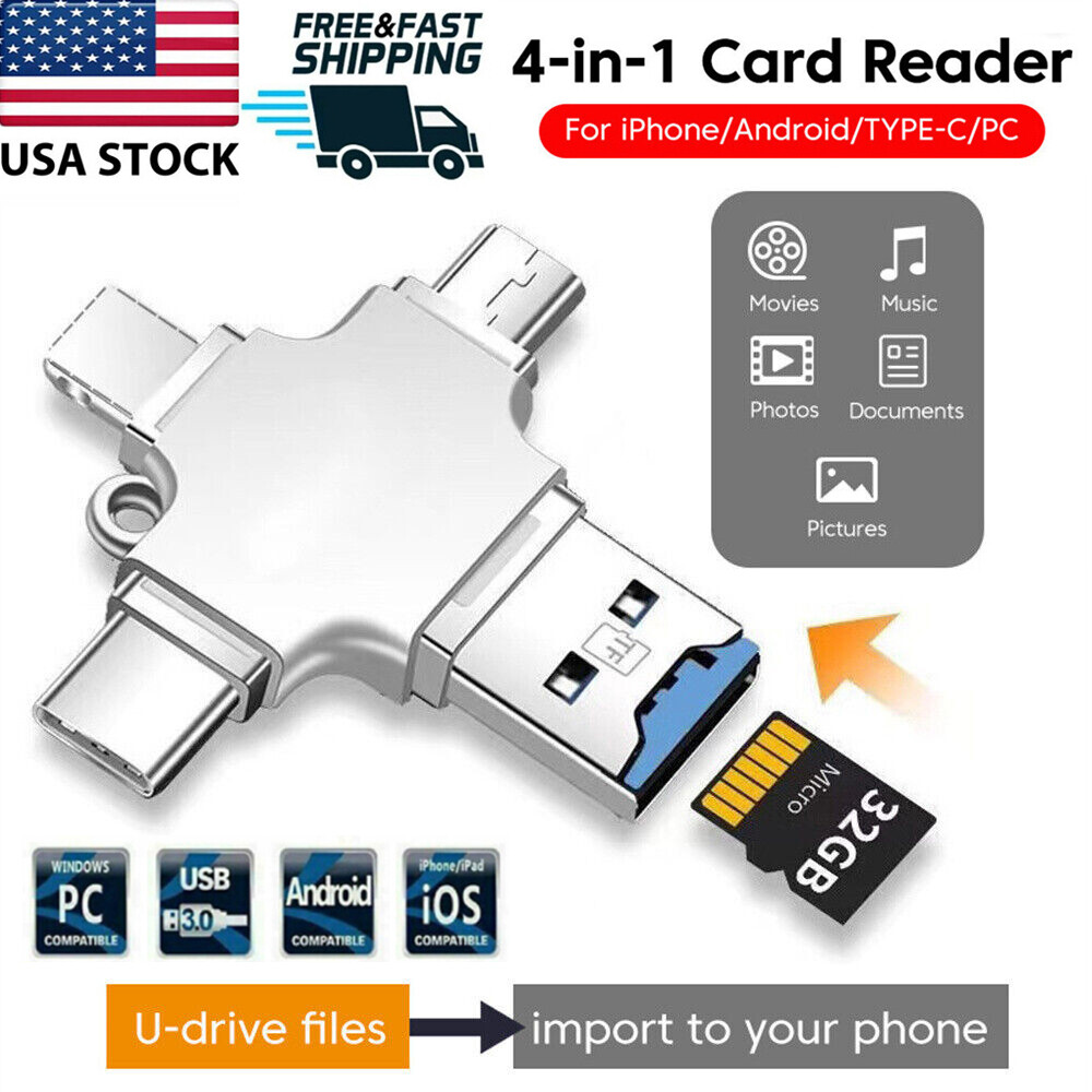 4in1 OTG Adapter iOS Micro Type-C USB Flash TF Card Reader For iPhone Android PC