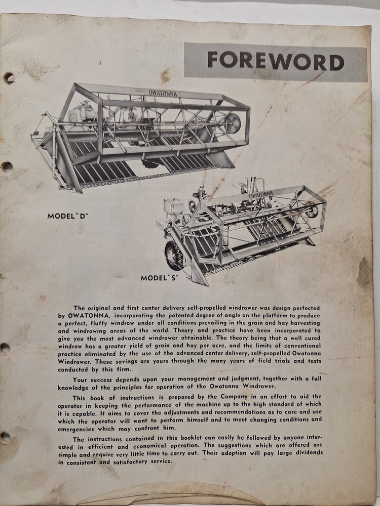USED OPERATORS MANUAL FOR OMC WINDROWER 586 WO