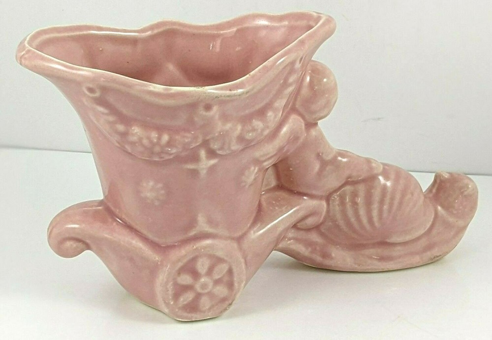 Vintage McCoy Pottery Angel Riding Snail Pulling Shell Cart Planter