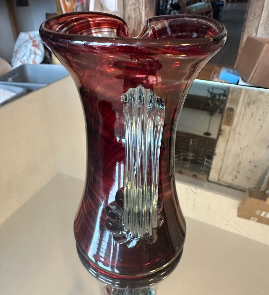 Hand blown Glass Ruby Red Pitcher Applied Ribbed Clear Glass Handle Bubbles Read