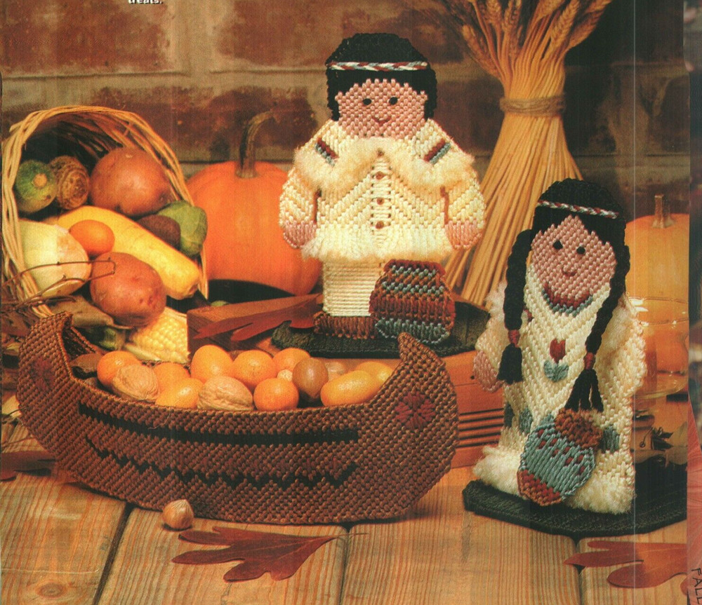 BOUNTIFUL HARVEST INDIANS CANOE THANKSGIVING PLASTIC CANVAS PATTERN INSTRUCTIONS