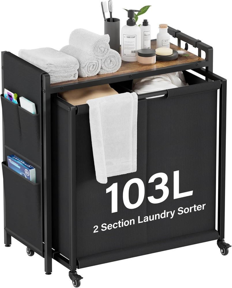 Laundry Hamper Sorter 2 Section 103L Rolling Laundry Basket Organizer W/ Wheels