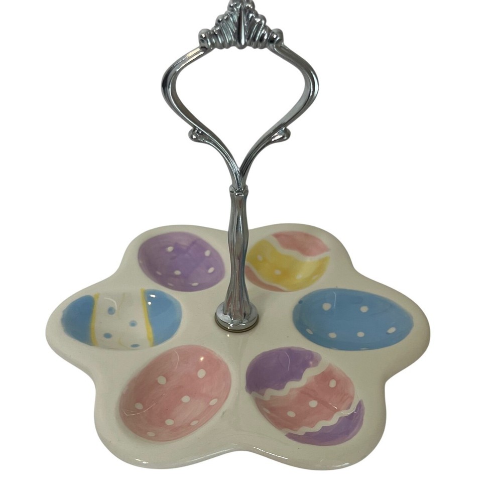 Easter Egg Tray Colorful Ceramic Platter Holds Six Dyed Eggs Silver Tone Handle