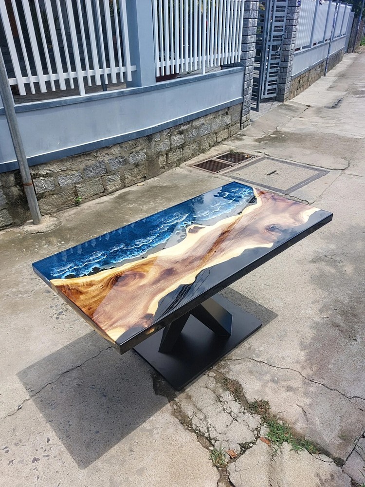 Personalized Unique Live Edge Resin Epoxy Table, Custom Blue Ocean Epoxy Resin