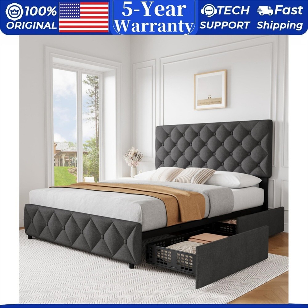 ⏯✅4 Storage Drawers and Headboard Queen Bed Frame Upholstered Platform Bed Frame